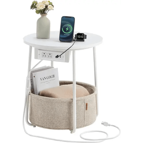VASAGLE Side Table with Charging Station, Round End Table With Fabric Basket, Nightstand with Power Outlets USB Ports, for Living Room, Bedroom, Modern, Matte White and Camel Brown ULET228W01
