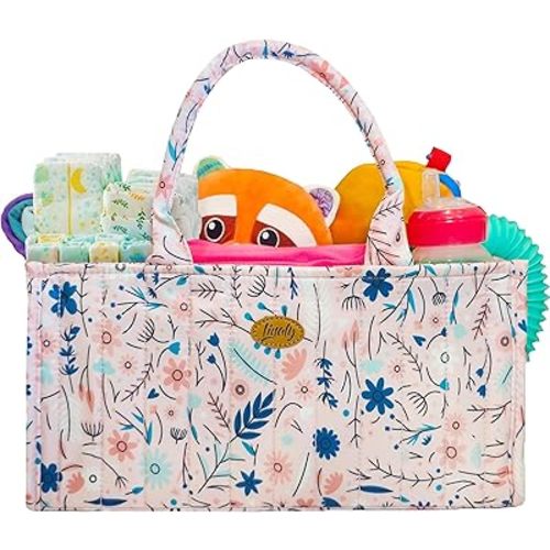 Floral Diaper Caddy Organizer, Caddy For Baby Stuff, Quilted Washable Car Storage for Newborn Toddler, Portable Nursery Storage Organizer for Changing, Waterproof Fabric Shower Basket, Floral Bag