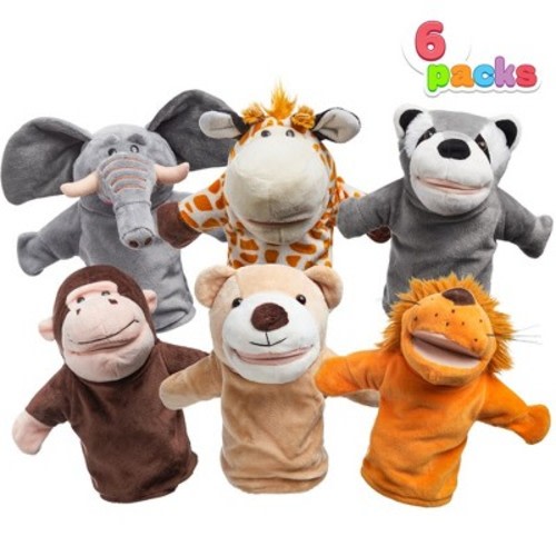 6Pcs Kids Hand Puppet Set with Working Mouth, Toddler Animal Plush Toy Includes Elephant, Giraffe, Lion, Bear, Raccoon and Monkey for Show Theater