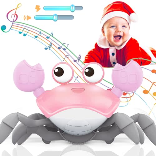 Crawling Crab Baby Toy, Tummy Time Girl Gifts for Babies 3-6 6-12 Month, Light-Up Walking Dancing Moving Crab with Music & Obstacle Avoidance, Rechargeable Musical Toys 1 Year Old Girls Gift (Pink)