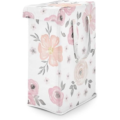 Sweet Jojo Designs Foldable Laundry Hamper (Pink/Grey Boho Floral) for Girls, Baby, Kids, Teen Bedroom, Nursery, Bathroom Dirty Clothes Basket with Handles (Watercolor, Farmhouse Flower, Elegant Rose)