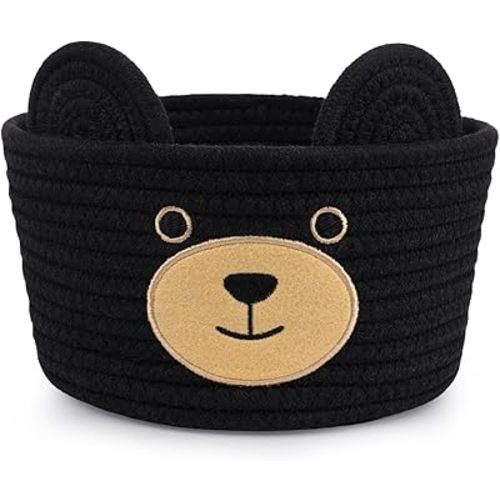 Small Woven Basket for Nursery- Cute Bear Gift Basket, Animal Rope Cotton Storage, Baby Towel 0rganizer with Bear Ears, Candy Baby Blanket Towel Decor Storage Bin, 8.2" D x 4.7" H IN