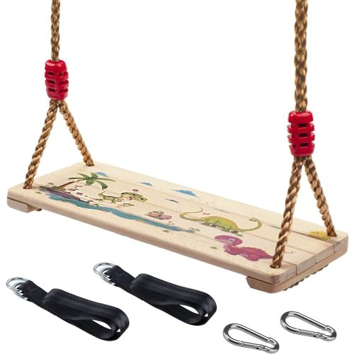 Wooden Swing Seat, Nostalgic Outdoor Wood Swing for Kids , Tree Straps Set Accessories for Backyard Patio Garden Playground, Height Adjustable (Raw wood)