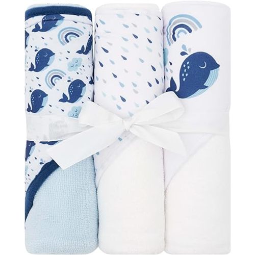 Hooded Baby Towels - 3PK (Whales) - 30" x 26" Toddler Towels with Hood