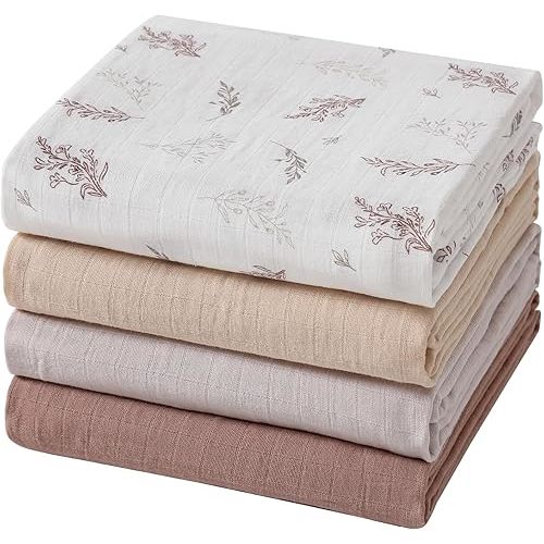 Muslin Swaddle Blankets for Boys and Girls, Soft Cotton Baby Swaddle Blankets for Unisex, 47 X 47 inches Muslin Swaddles, 4 Pack Leaves & Warmth Colors