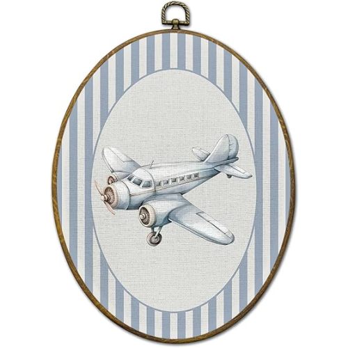 QZQE Airplane Nursery Oval Wall Art Decor Framed, Kids Room Oval Canvas Prints, Light Blue Striped Aviation Plane Wall Hanging Decor for Kids Boy Nursery Room Bedroom Playroom, 8.6x11.4 Inch