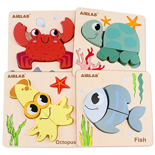 Wooden Puzzles for Toddlers Ocean Animals Montessori Toys Year Old Baby Girl Boy Gifts Educational Learning Bright Color Chunky Shape Puzzle Pack of 4