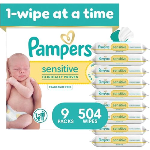 Pampers Sensitive Baby Wipes, Clinically Proven, Fragrance Free, Unscented, Water Based, Hypoallergenic, Multi-Use, Hand Wipes 504 Wipes Total (6X Flip-Top Packs) [Packaging May Vary]