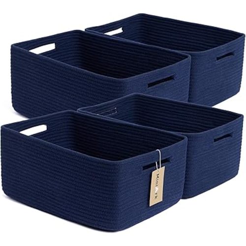 Large Storage Baskets for Organizing, Closet Shelf Baskets for Clothes Blanket Towels, Baby Nursery, Toy Bins Box, Woven Rope Baskets, 17 x 13 x 7.5”, 4 Packs Navy Blue