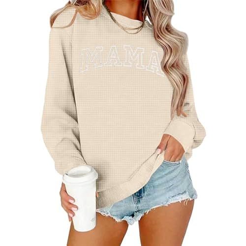 Mama Sweatshirt for Women: Embroidered Mama Shirts Mom Pullover Long Sleeve Tops Waffle Knit Sweatshirts