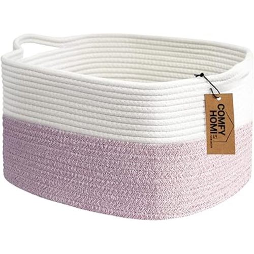 COMFY-HOMI Cotton Rope Woven Medium Basket with Handles for shelf，Cloth Storage Basket for Organizing-13.5X11X9.5 Storage Bin for Bedroom, Newborn or Infant Gift for boy girl （White/Pink）