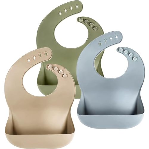 Silicone Baby Bibs Baby Feeding Set, 3Pcs Adjustable Silicone Feeding Bibs for Baby Feeding Essentials Baby Must Haves - Greyblue/Green/Beige