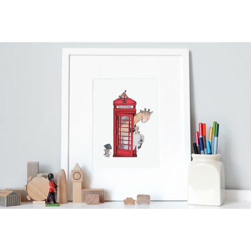 British Telephone, UNFRAMED Iconic Nursery Art, Fine Art Print, for Children's room, Red Phone Box, London Theme, Nursery wall art