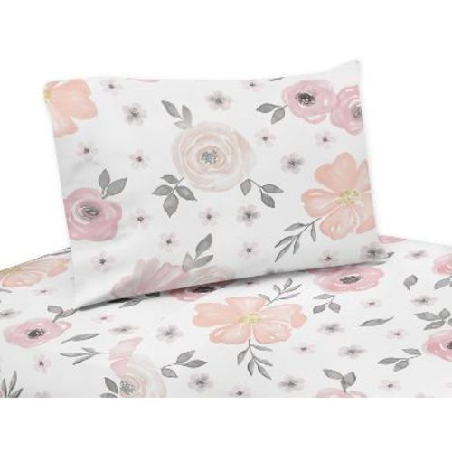 Sweet Jojo Designs Queen Sheet Set Watercolor Floral Pink Grey And White 4pc