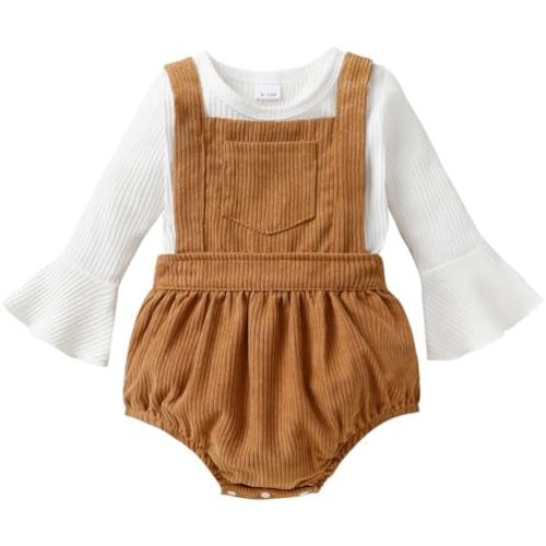 Tiny Cutey Newborn Baby Girl Clothes Bell Sleeve Romper and Corduroy Overalls Shorts Infant Girl Fall Outfits