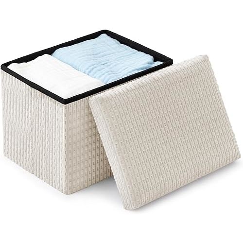 Thyle Decorative Ottoman Storage Ottoman with Storage Small Foot Rest Stool Under Desk Stool Short Folding Footrest Corduroy Cloth,16 x 12 x12 Inches(Beige)