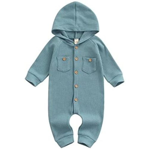 Ynibbim Winter Newborn Baby Boy Girl Solid Romper Unisex Infants Hooded Outfit Clothes Waffle Cotton Button Jumpsuits