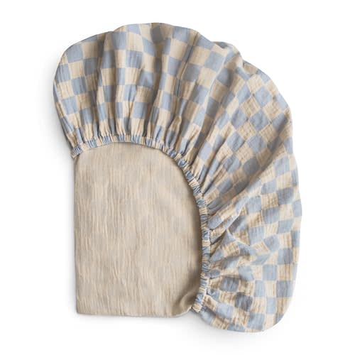 mushie Extra Soft Muslin Fitted Crib Sheet | 192 Thread Count | 28"x 52" (Blue Check)