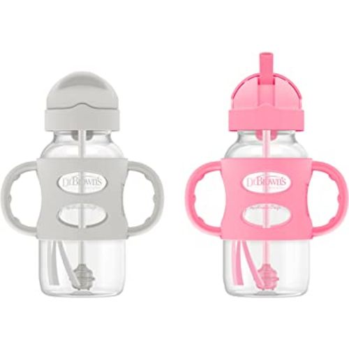 Dr. Brown's Milestones Wide-Neck Sippy Straw Bottle with 100% Silicone Handles and Weighted Straw, 9 oz/270 mL, Gray & Pink, 6m+, 2 Count (Pack of 1)