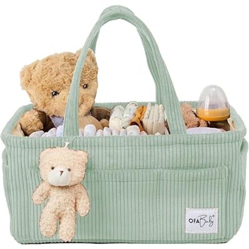 Baby Diaper Caddy Organizer Nursery Storage Bin & Portable Organizer for Diapers & Baby Wipes - Newborn Essentials & Car Caddy Organizer (Green)