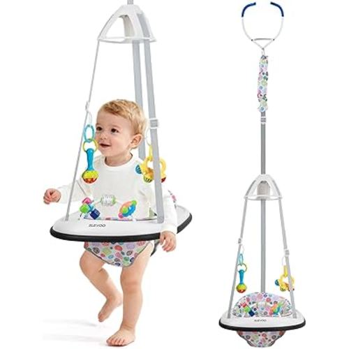 Slevoo Baby Jumper, Baby Door Jumper with Bumper, Play Tray and Two Jingle Rattles, Joyful Bubbles
