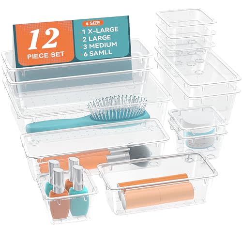 ElegantArray 12 PCS Drawer Organizer Set, 4 Sizes Storage Drawer Units, Clear Plastic Makeup Vanity Organizer and Storage Bins for Makeup, Stationeries, Multiple Gadgets for Bathroom, Office, Bedroom