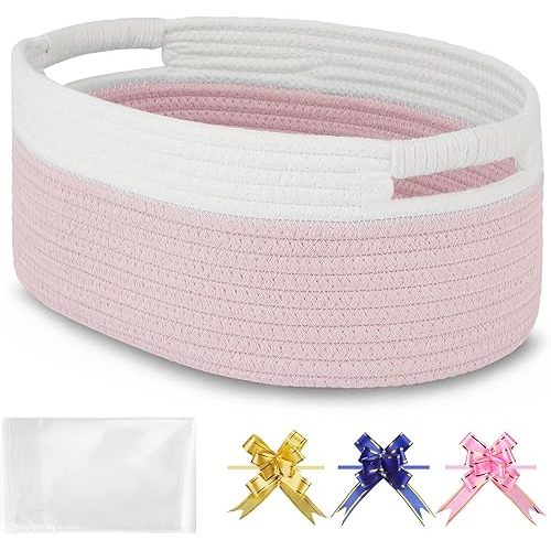 Small Woven Basket with Gift Bags and Ribbons, Empty Baby Gift Baskets, Shelf Storage, Small Cat Dog Pet Toy Boxes, 13”x 9”x 5.5”, Light Pink