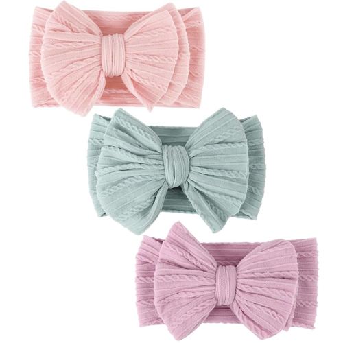 DRESHOW BQUBO Handmade Baby Headbands Soft & Stretchy Hair Bands with Bows Nylon Bows Hairbands for Girls Newborn Infant Toddlers Hair Accessories 3 pack