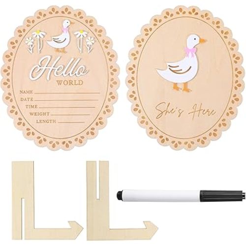 Baby Announcement Sign, Wooden Hello World Newborn Welcome Sign, She’s Here Card Birth Stats Signs Newborn Photo Prop, Monthly Milestone Wood Discs(Pink)