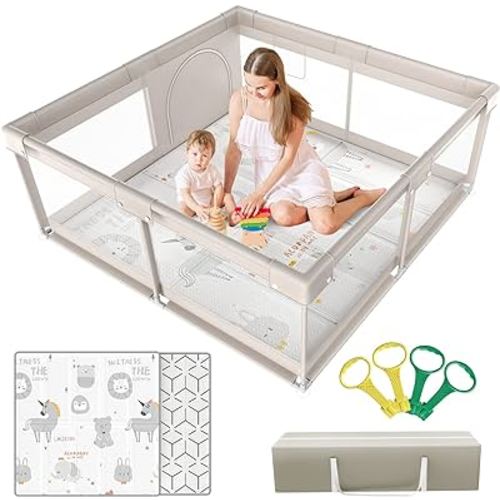 Baby Playpen,Playpen, Playpen for Babies and Toddlers, Play Pen for Kids, Play Pens for Babies and Toddlers for Apartment (59 * 59inch Grey with mat)