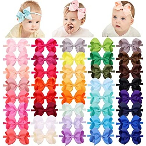 jollybows 40pcs 4inches Baby Girls Grosgrain Ribbon Hair Bows Headbands Nylon Elastic Hair Band Hair Accessories for Infants Newborn