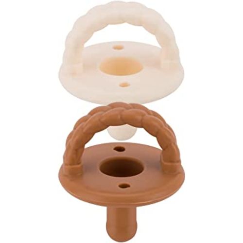 Itzy Ritzy Silicone Pacifiers for Newborn - Sweetie Soother Pacifiers Feature Collapsible Handle & Two Air Holes for Added Safety; for Ages Newborn and Up, Set of 2 in Coconut & Toffee