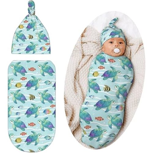 Turtle Swaddling Blanket for Baby, Unisex Beach Baby Stuff with Hat