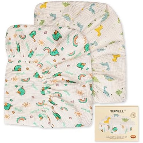 2-Pack Soft Muslin Cotton Crib Sheets, Fitted for Standard Crib Mattress (52"x28"), Breathable & Gentle Baby Bedding (Dinosaur)