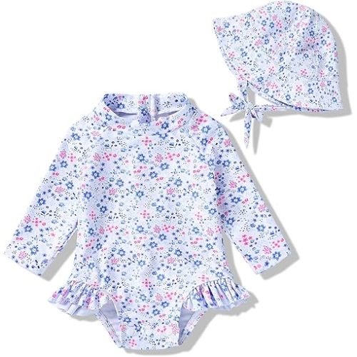Infant Baby Girl Swimsuit One-Piece Long Sleeve Rash Guard with Hat Set Floral Zipper Bathing Suit Leopard Beach Wear