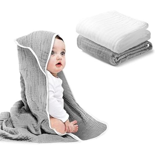 Baby Hooded Towels for Babies and Toddlers, Muslin Baby Bath Towel Soft and Absorbency for Boys (L Grey White 2)