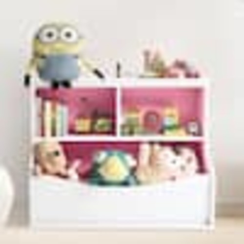 CAPHAUS Kid's Toy Storage Organizer Open Storage Cubby, Multifunctional Book and Toy Storage Cabinet in White and Pink FLR-036WWPK