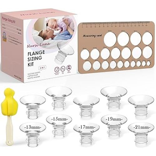 Flange Sizing Kit 3 in 1 Ultimate with 10PCS Flange Inserts 13/15/17/19/21mm, Nipple Ruler, Cleaning Brush, Silicone Flange Insert Kit for 24mm Most Pumps, Pumping Breastfeeding Essentials