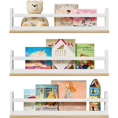 24 Inch Long Wall Bookshelf for Kids Room Bedroom Set of 3, Floating Nursery Book Shelves for Baby Boys Girls, Large Wood Hanging Bookshelves for Toddlers Childs (White and Natural)