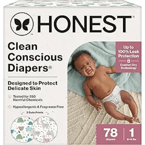 The Honest Company Comfort Dry Disposable Diapers for Sensitive Skin, Hypoallergenic, All The Alpacas + Turtle Time, Club Box Size 1 (8-14 lbs) 78 Count