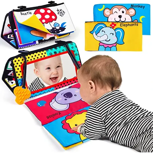 Baby Stuff for Newborn Toys 0-6 Months, Mirror Tummy Time Toys for Infant 0-3-6 months Boys Gifts, Crinkle book & Teethers Sensory Toys for babies 6-12 months Development Activity Center for Christmas