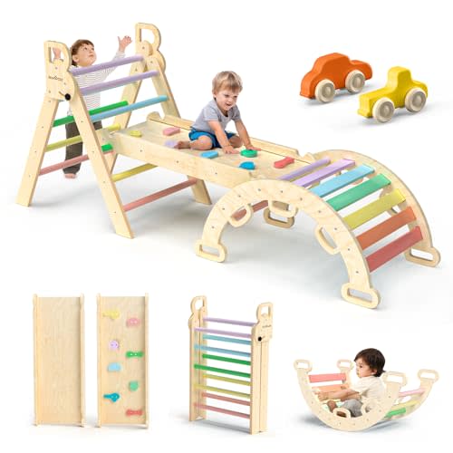 BlueWood Pikler Triangle Set 7in1 Foldable Baby Climbing Toys Wooden Montessori with Arch&Ramp&Ladder Climber Indoor Jungle Gyms for Toddlers - Rainbow