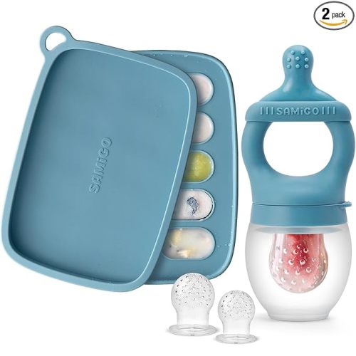SAMiGO Baby Food Fruit Feeder and Breastmilk Popsicle Mold Set, Silicone Fruit Teether, Food Feeder Pacifier for Teething Relief, Freezer Tray, Baby Feeding Essentials, 4 Months+
