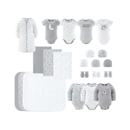 The Peanutshell Newborn Baby Layette Gift Set for Baby Boys and Girls, Shower Gift Essentials, Grey and White Celestial Bears