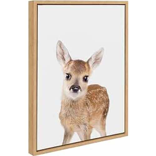 Kate and Laurel Sylvie Animal Studio Deer Framed Canvas Wall Art by Amy Peterson Art Studio, 18x24 Natural, Whimsical Fun Animal Nursery Art for Wall
