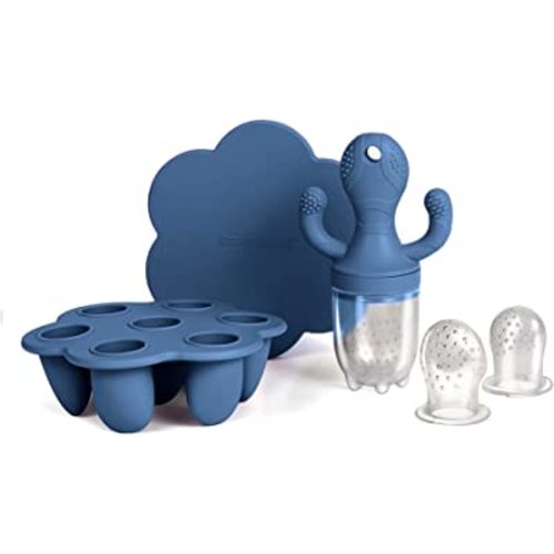 Little Twig Baby Fruit Feeder Pacifier Teether | Baby Food Freezer Tray with Lid | BPA Free Silicone Freezable Teether | Feeding Set for Breast Milk Ice Cubes, Baby Food, Fruit Purees (Steel Blue)