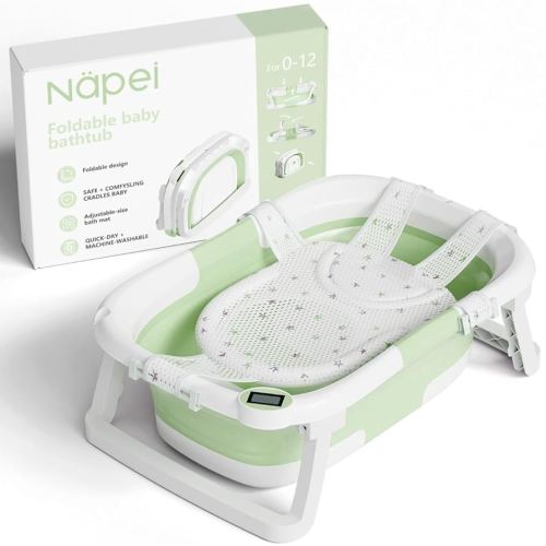 Collapsible Baby Bathtub,Baby Bath Tub with Soft Cushion & Thermometer,Baby Bathtub Newborn to Toddler 0-36 Months,Portable Travel Baby Tub