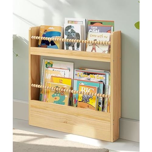 22.8 Inch Kids Bookshelf, Natural Wood Nursery Book Shelf Wall Mount Organizer Shelves Toddler Bookcase Children Reading Nook Boho Decor for Kids Room Nursery Playroom Bedroom, 2 Tiers