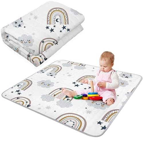 Boho Portable Baby Play Mat, 43 x 43 Inch Washable Foldable Crawling Mat, Non Slip Playmat for Babies, Kids Play Mats Pad for Floor Playpen Toddler Infants Tummy Time Activity (Gray Boho Rainbow)