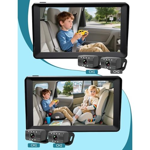 Baby Car Camera -7 Inch Split Screen with Dual Seat Cameras, Night Vision, HD 1080P - USB Powered Easy Install Rear Facing Baby Car Monitor - Perfect for 2Kids/Twins